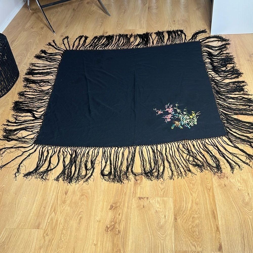 Large 62” Square Vintage Black Poly Embroidered 10” Tassels Piano Shawl Wrap - Picture 2 of 8